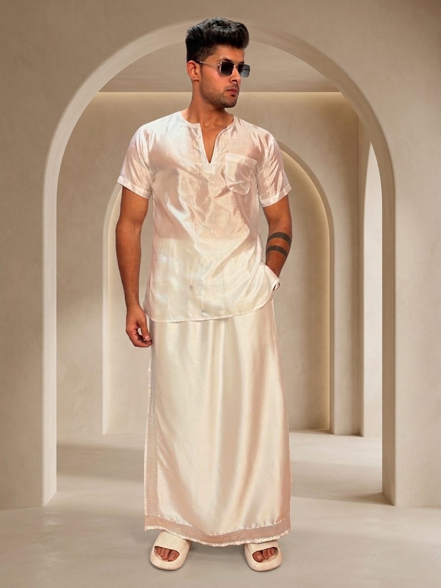 Men White Color With Silver Zari Stripe Pajamalungi