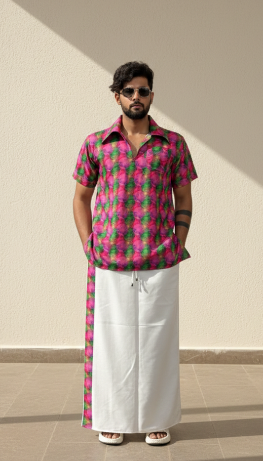 Men's White Cotton Printed Side Stripe Pajamalungi