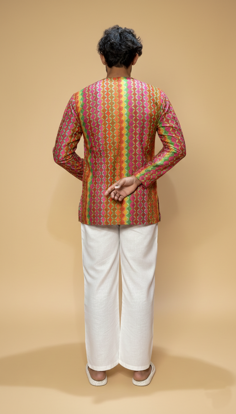 Men Pink–Orange Geometric Print Kurta
