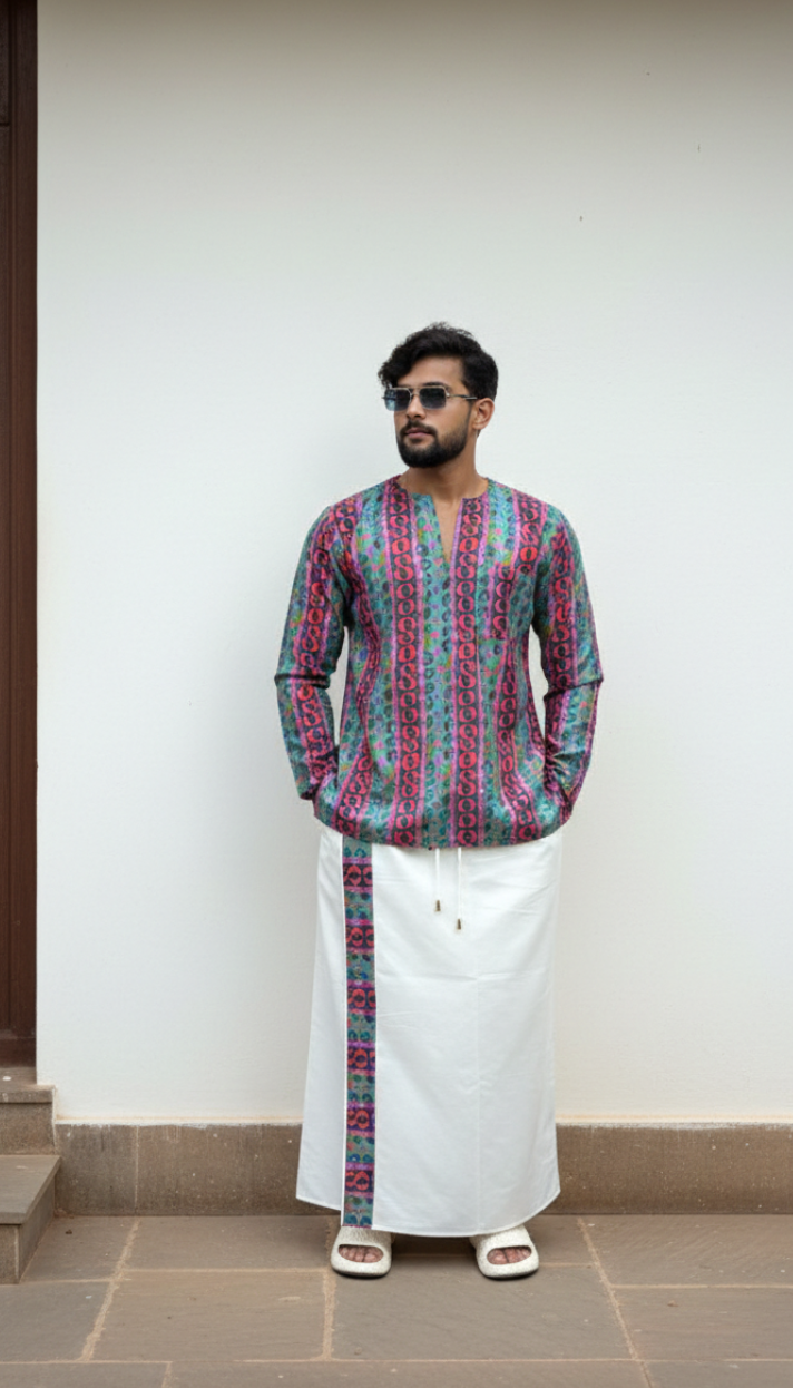 Men's White Cotton Pajamalungi with Vertical Printed Stripe