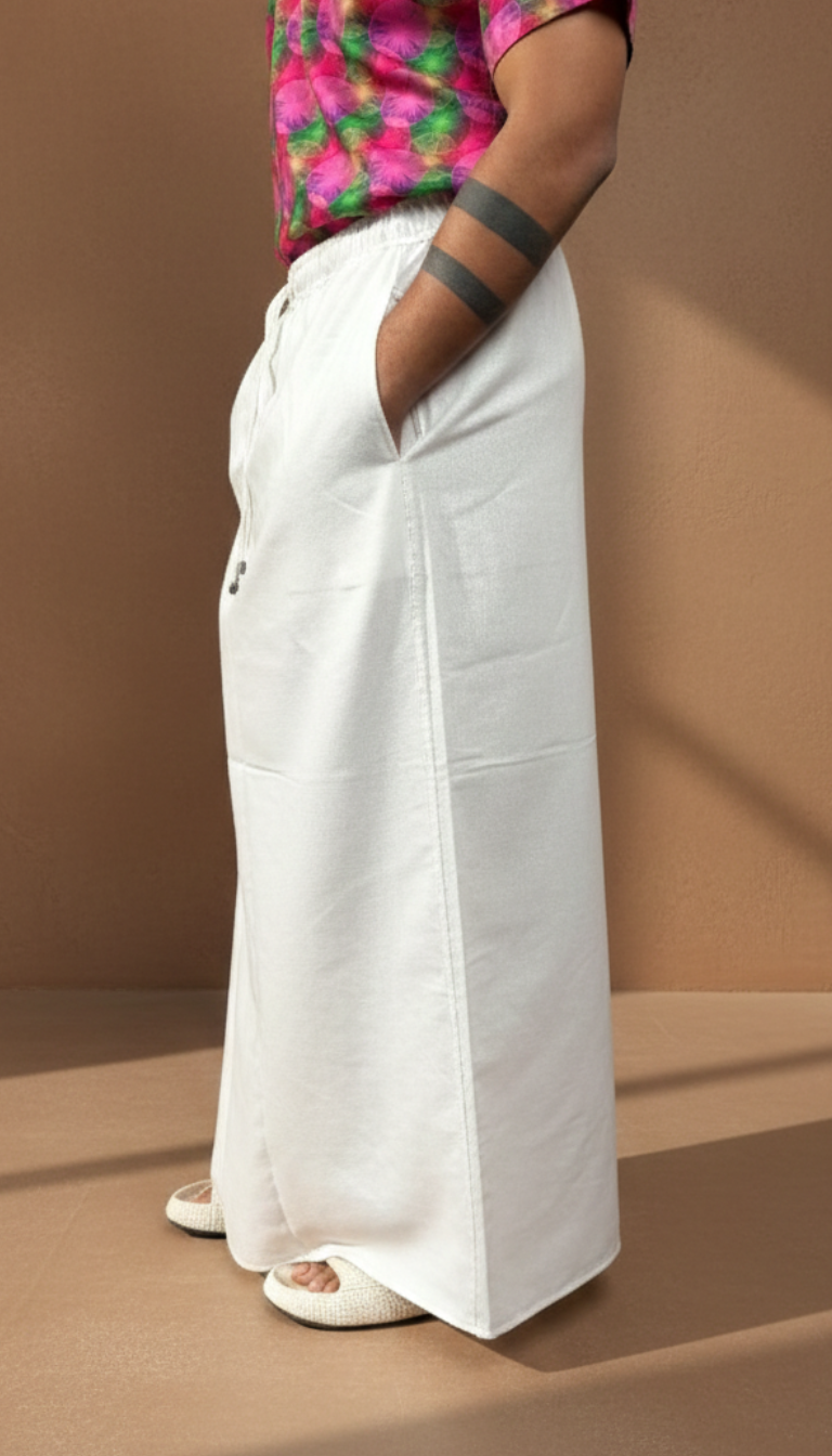 Men's White Cotton Printed Side Stripe Pajamalungi