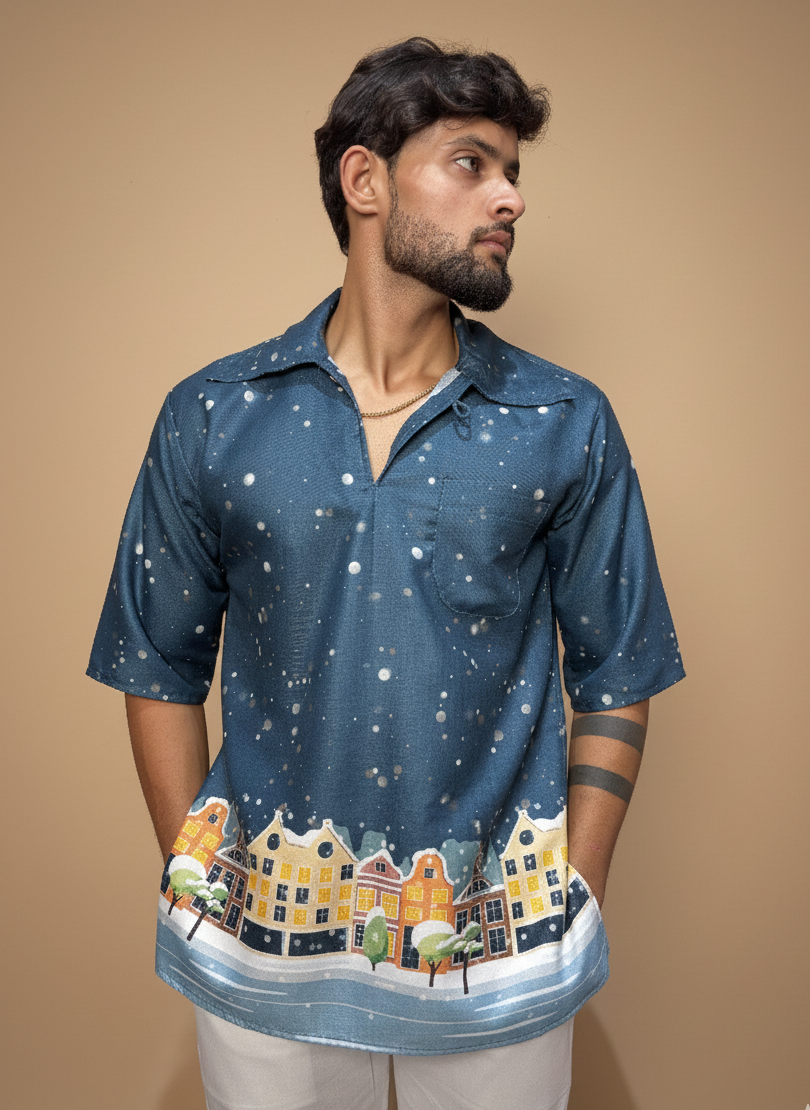 Men  Blue Snow-City Print Printed Kurta