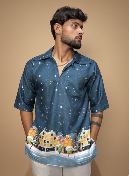 Men  Blue Snow-City Print Printed Kurta