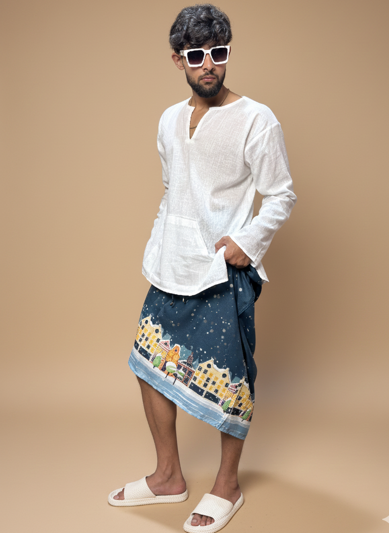 Men Blue Snow-City Print Pajamalungi