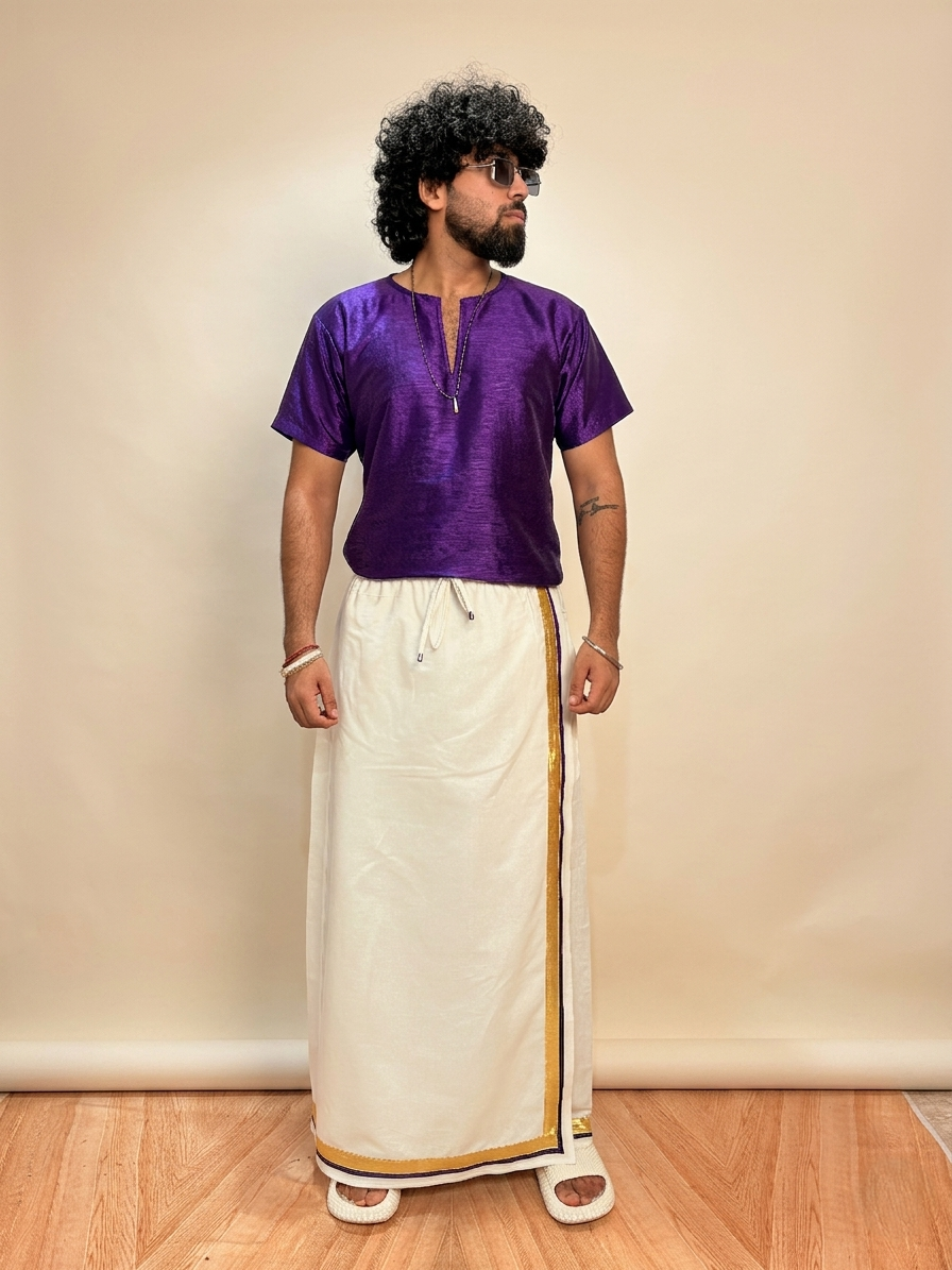 Men Royal Purple Colour Mulberry Silk Kurta.