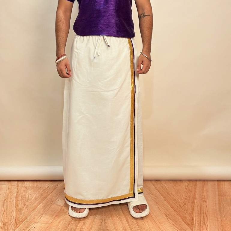 Men White Color With Golden Zari & Purple Stripe Pajamalungi