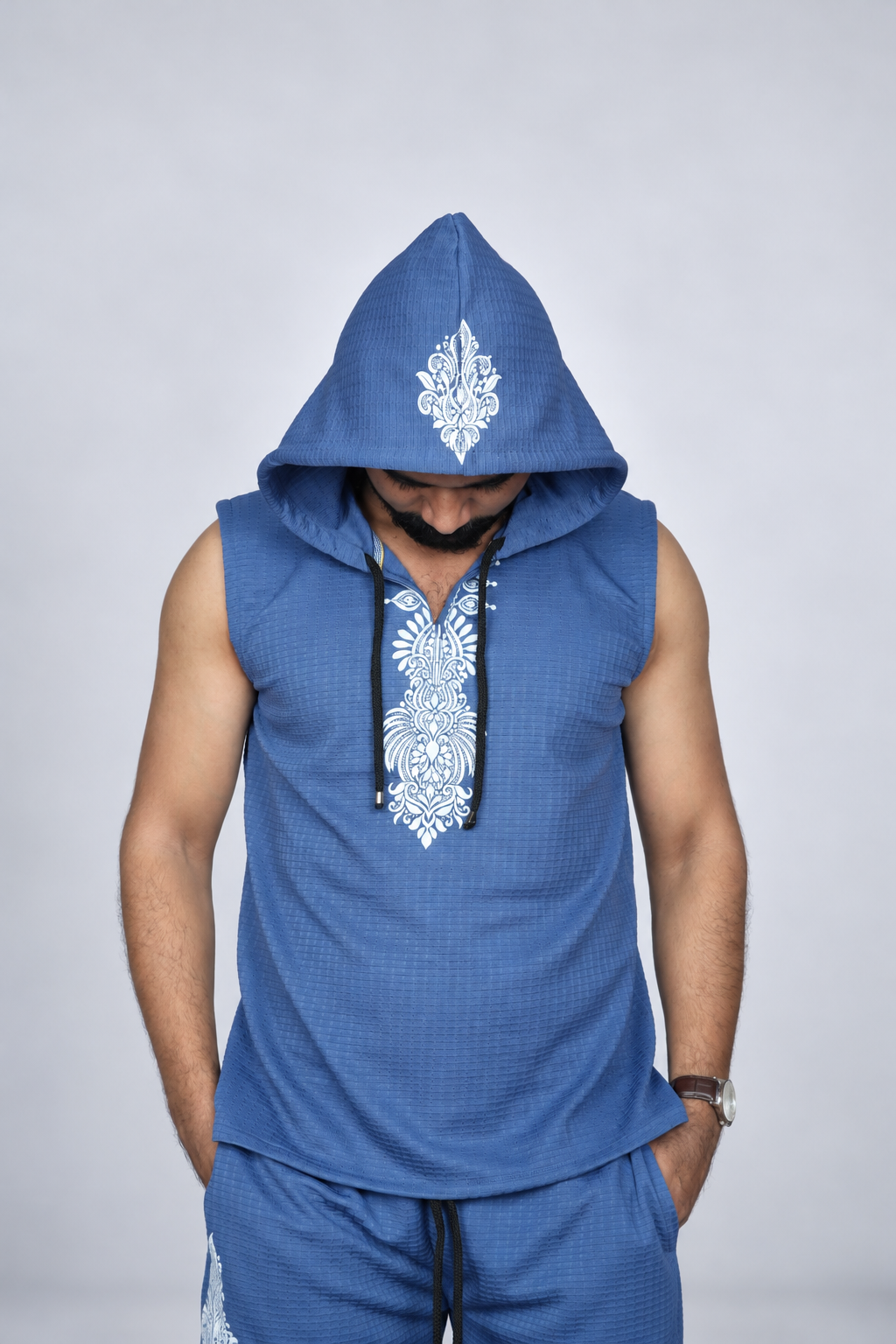 Men's Blue Printed Sleeveless Hoodie