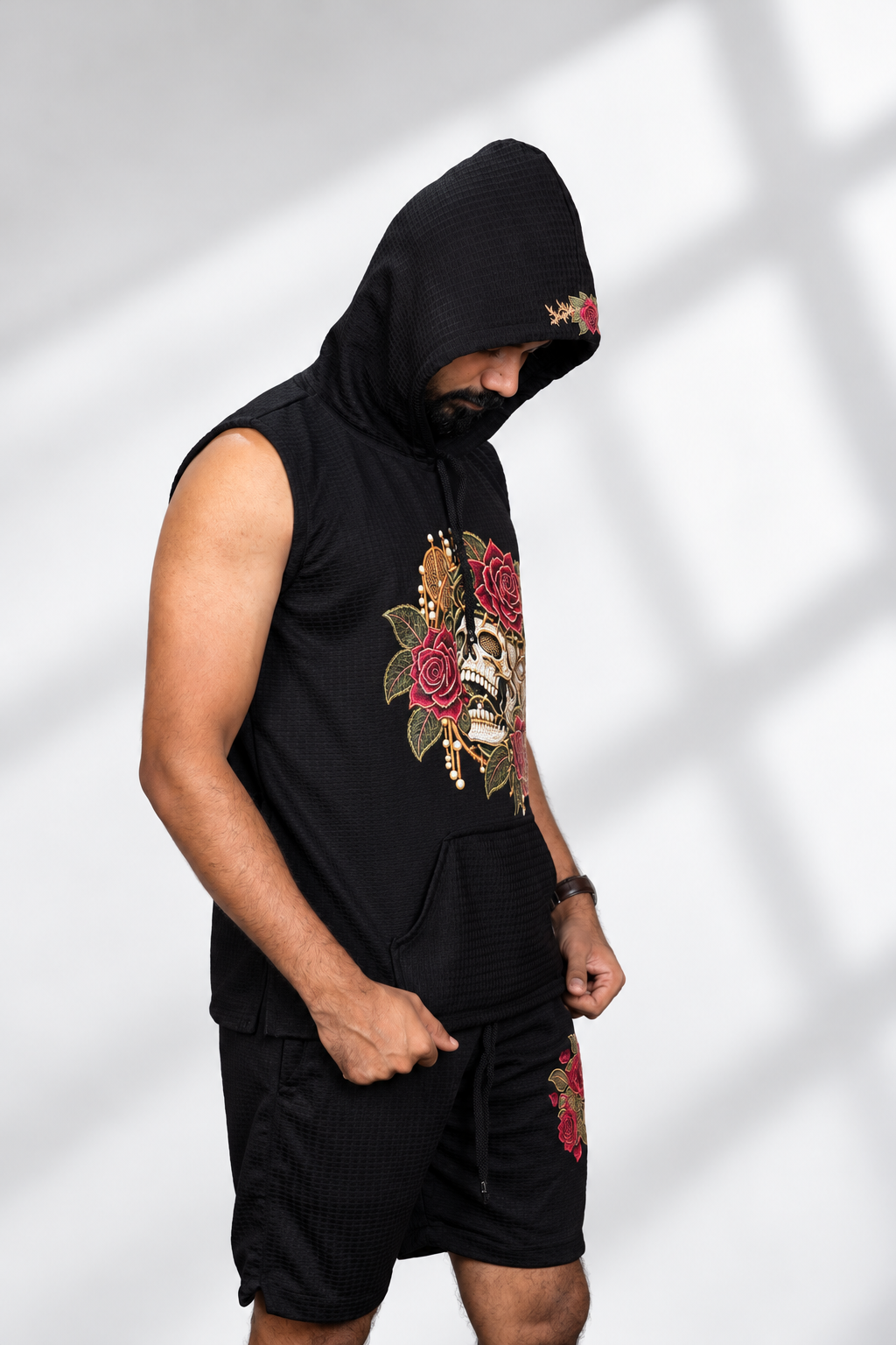 Black Floral Skull Printed Sleeveless Hoodie