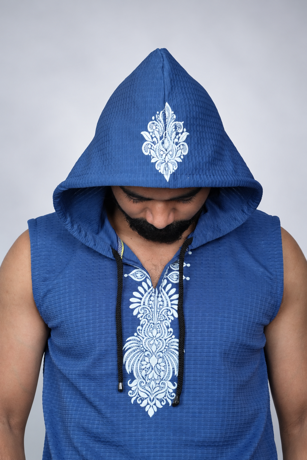 Men's Blue Printed Sleeveless Hoodie