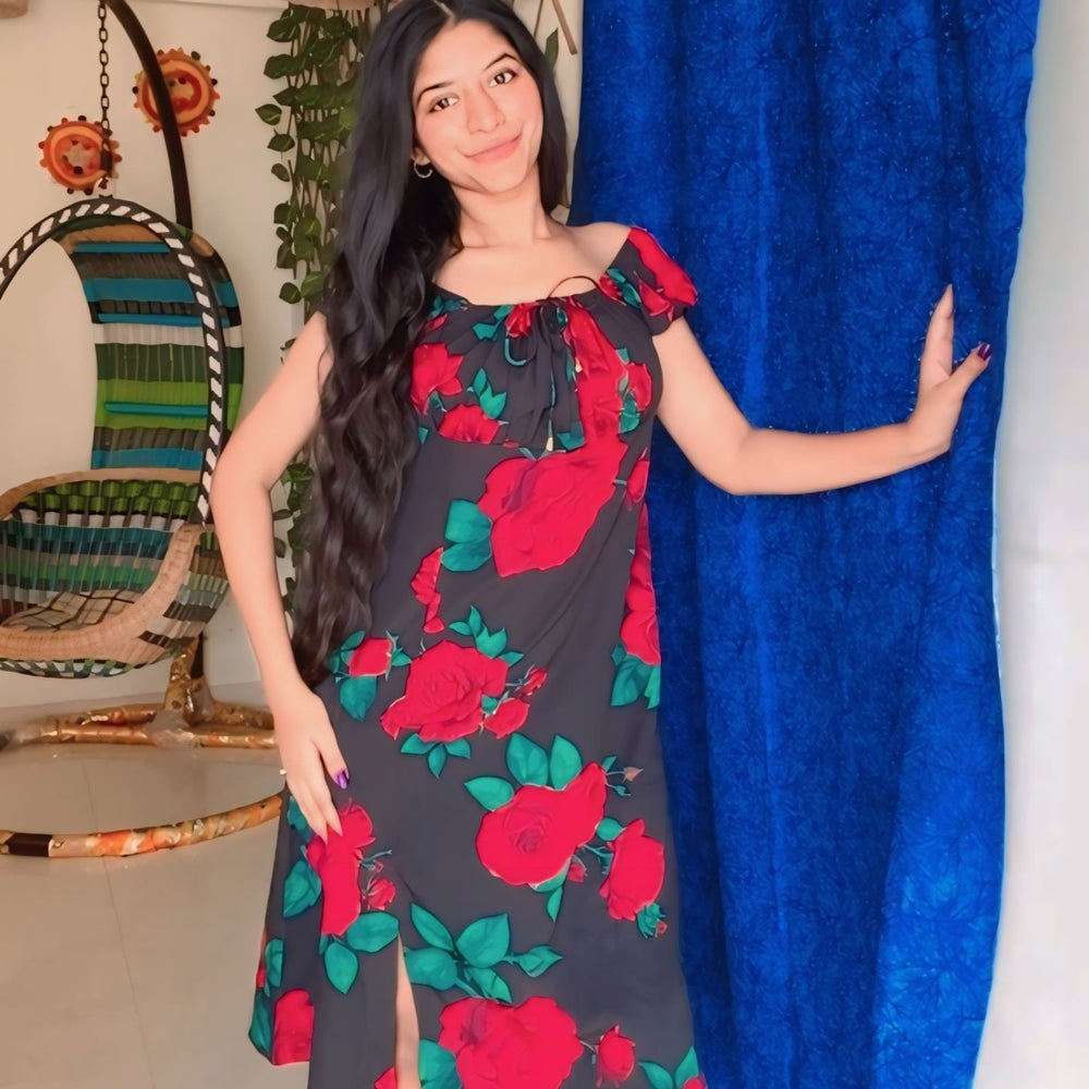 Red Rose Printed On Black Dress.