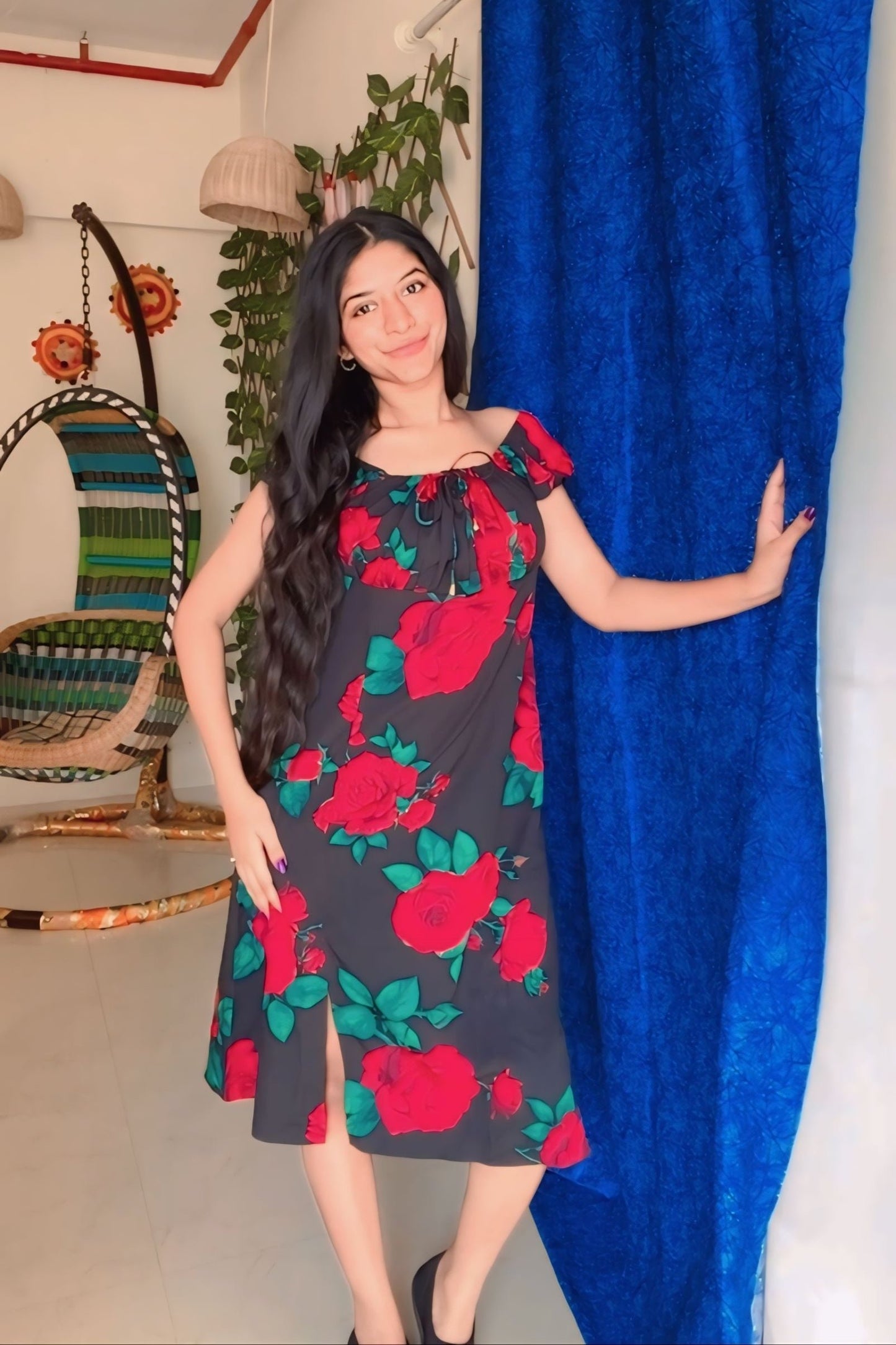 Red Rose Printed On Black Dress.