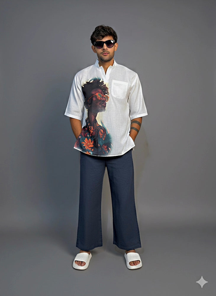 Men’s Half Sleeve Shirt and Pant – Afro Sunglasses Graphic Print (White)