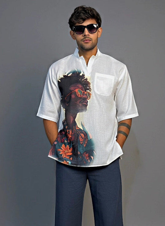 Men Half Sleeve Kurta– Afro Sunglasses Print (White)