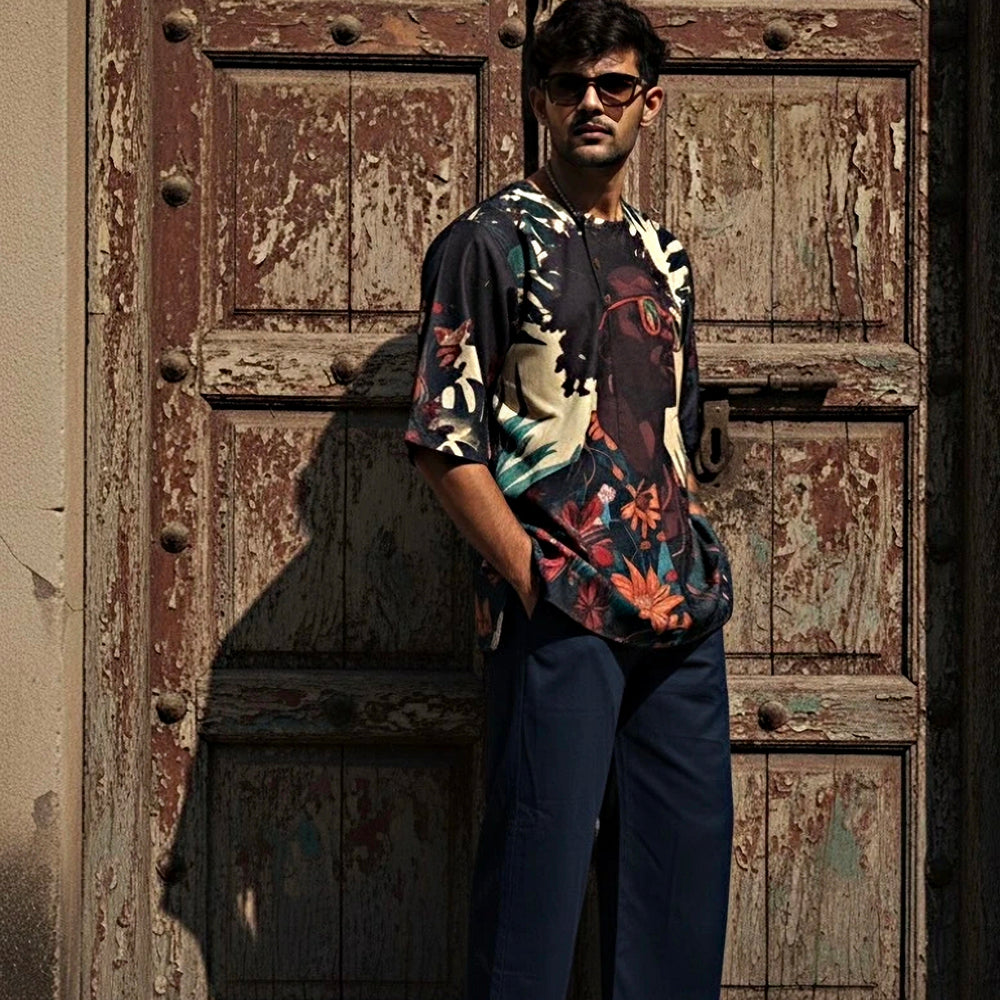 Men’s Half Sleeve Shirt and Pant – Afro Tribal Graphic Print (Black)