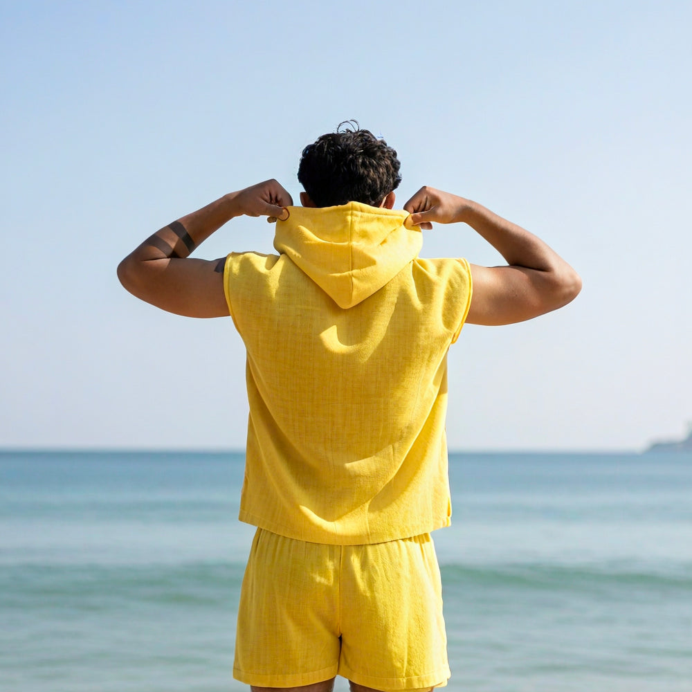 
                      
                        Yellow Sleeveless Beach Hoodie Co-ord Set for Men – Limited Edition
                      
                    