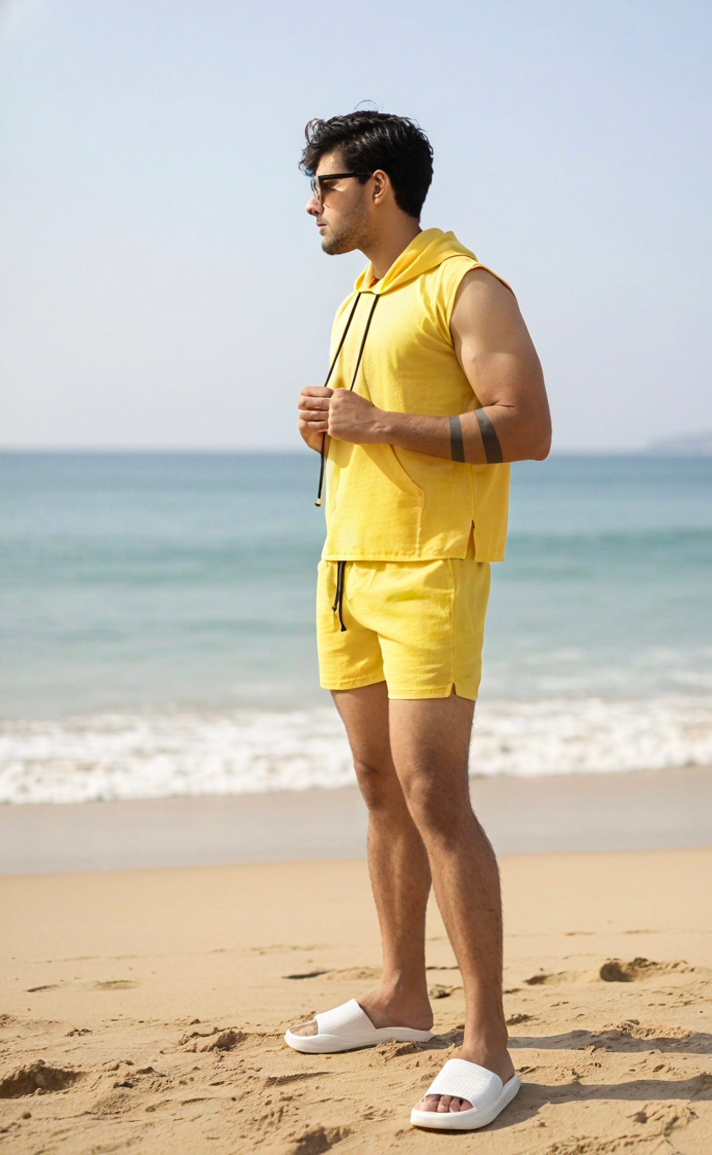 Yellow Sleeveless Beach Hoodie for Men – Limited Edition