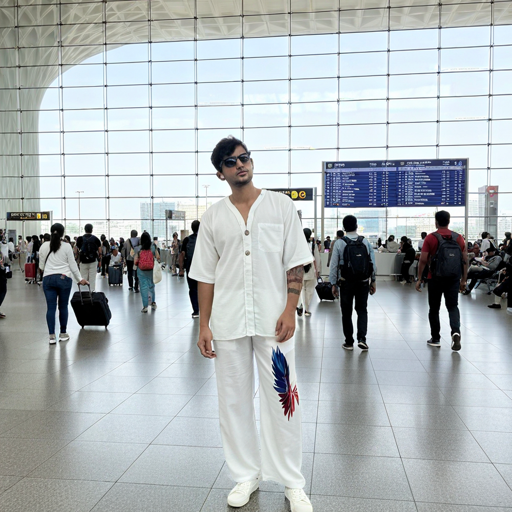 White Wing Pattern Beach Shirt & Pajama pants Set for Men