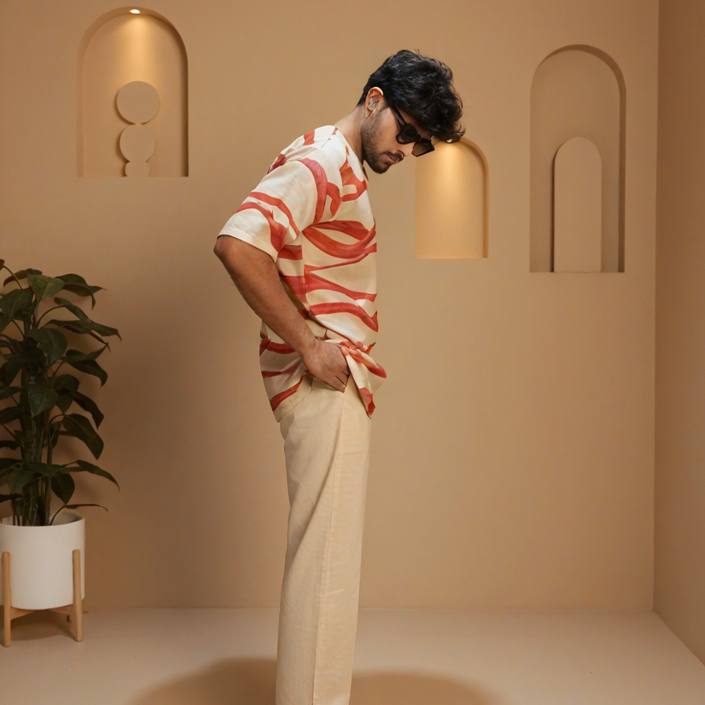 
                      
                        Beige Cream red wave kurta for men's
                      
                    