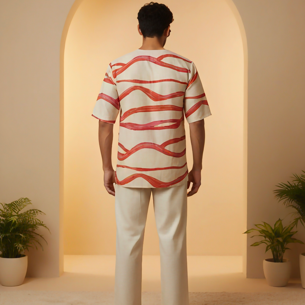 Beige Cream red wave kurta for men's
