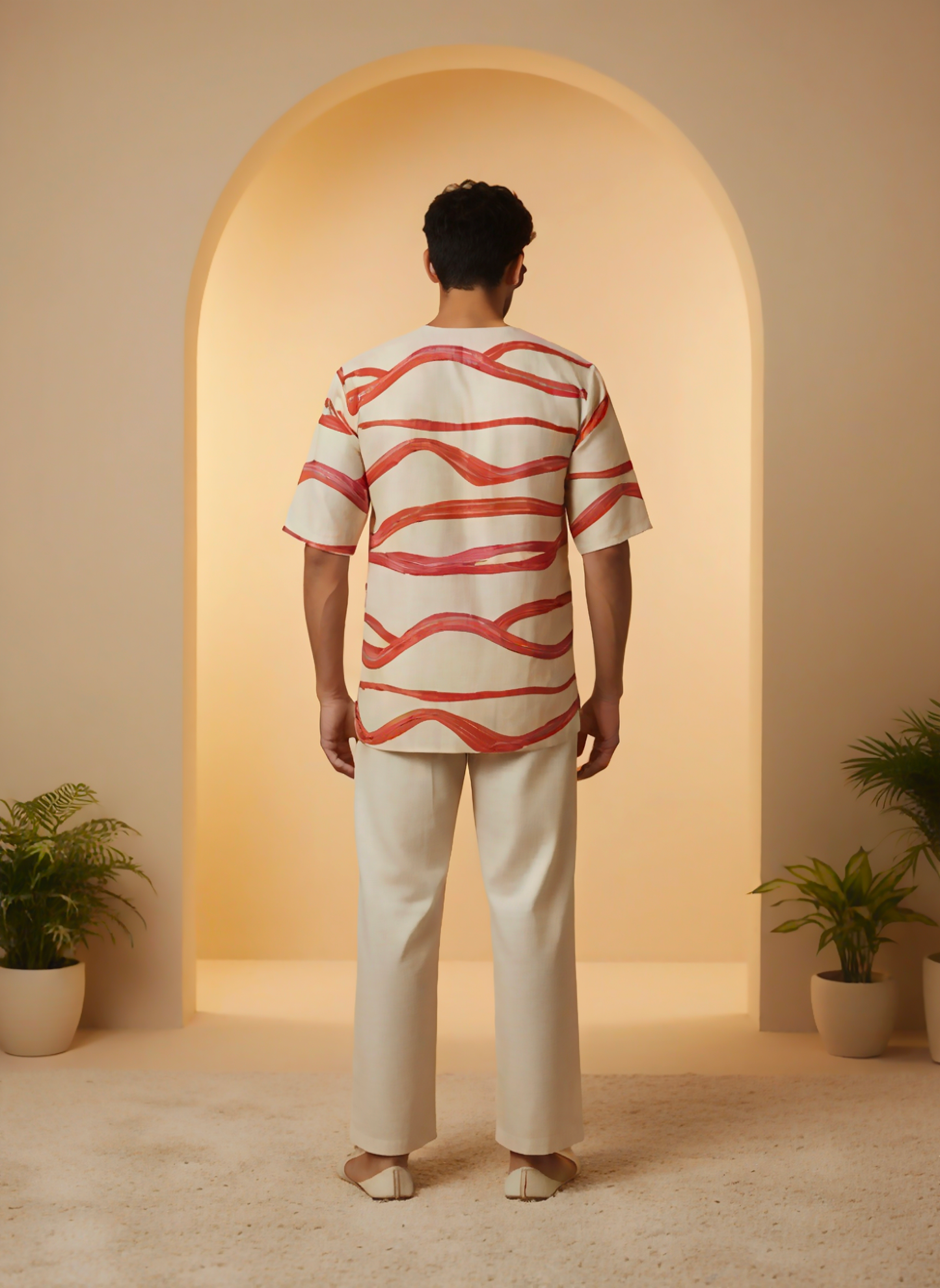 Beige Cream red wave kurta for men's