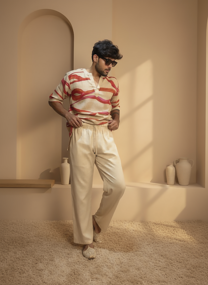 Beige Cream red wave kurta for men's