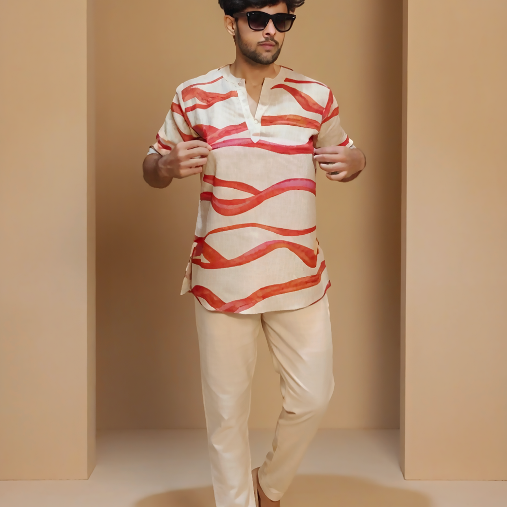 
                      
                        Beige Cream red wave kurta for men's
                      
                    