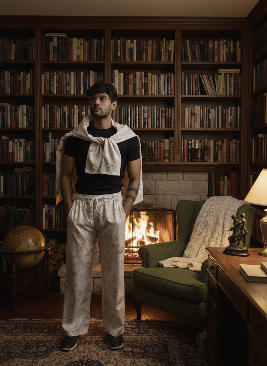 Floral cream digital print poly linen pajama for men – elegant ethnic wear