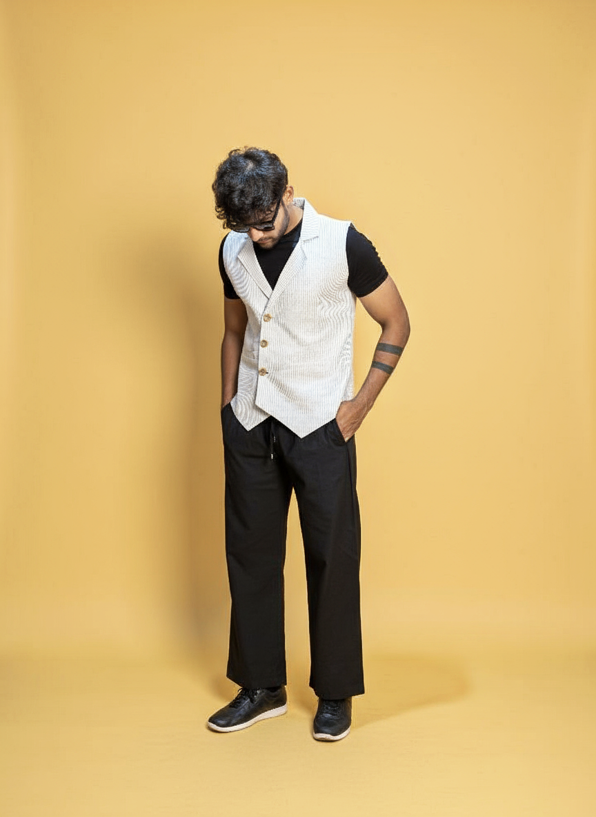 Light Grey Black stripe Sleeveless Vest for Men