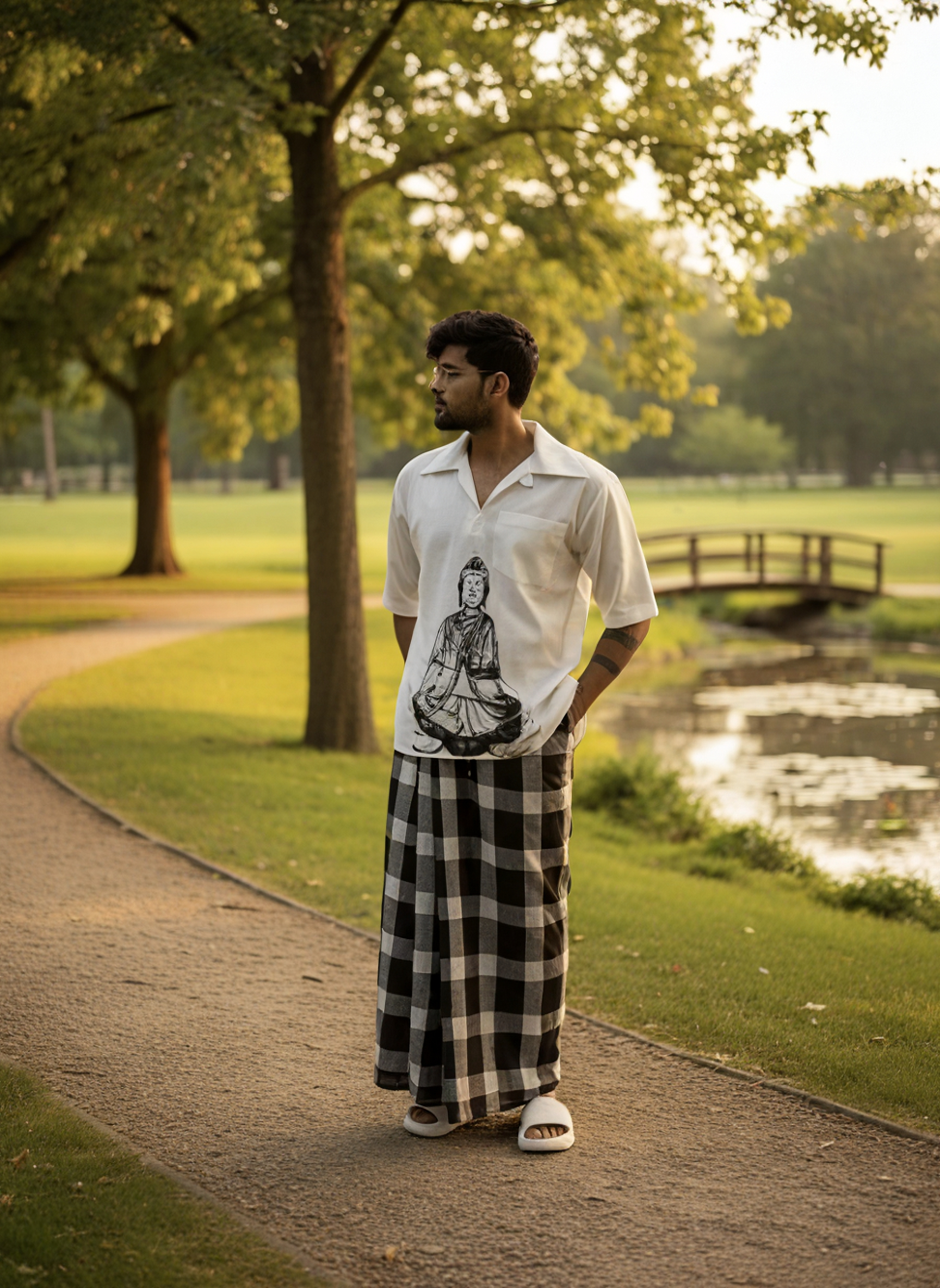 White kurta with budha print for men