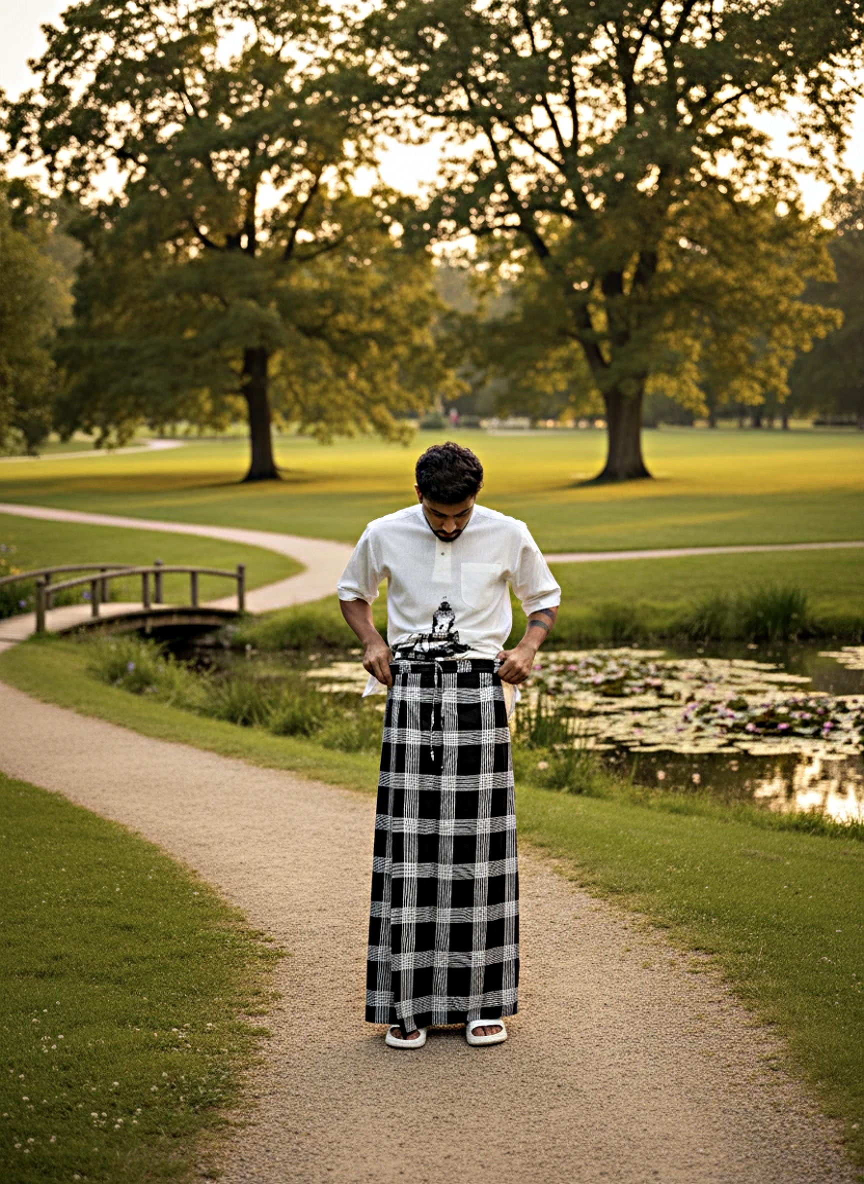 Black and white check pajamalungi for men