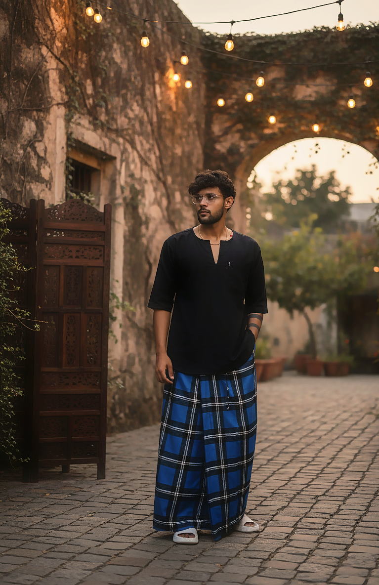 Dark blue check pajamalungi for men