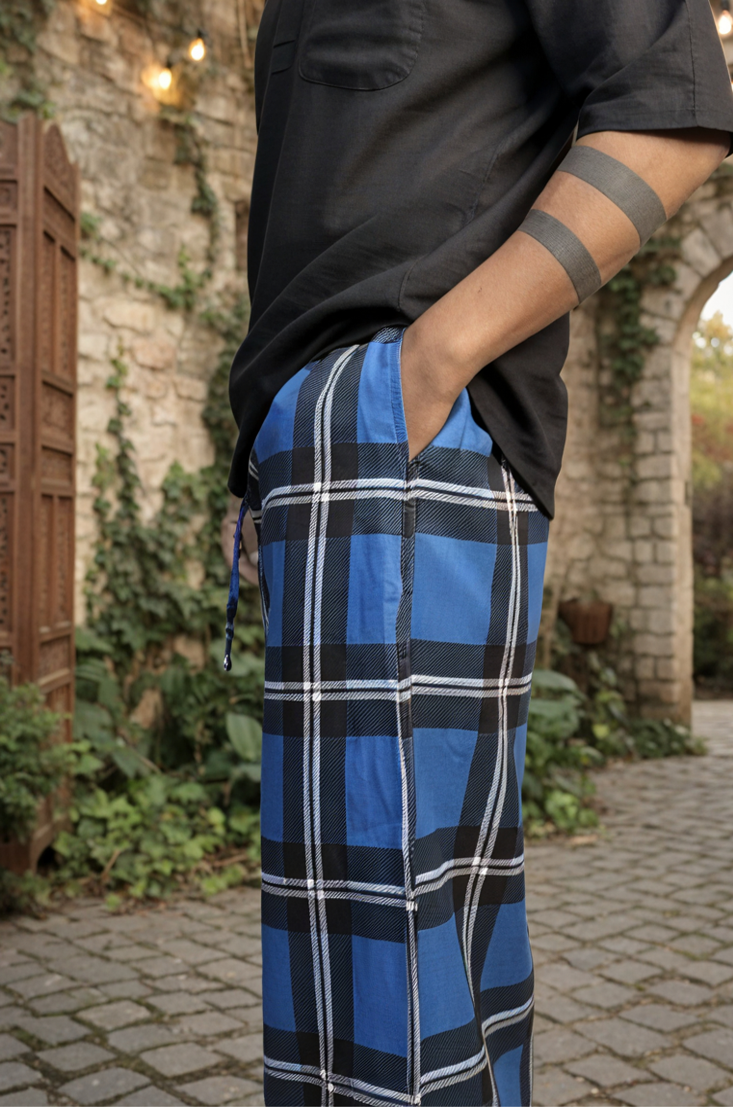 Dark blue check pajamalungi for men