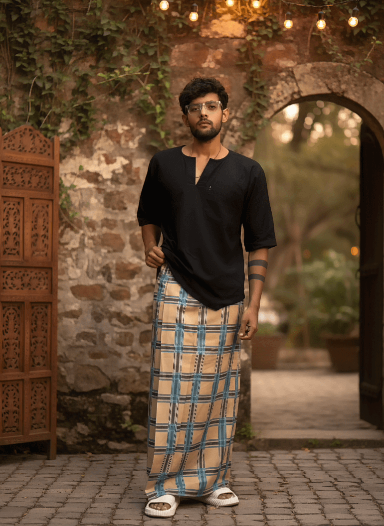 Beige and blue check digital print pajamalungi for men's