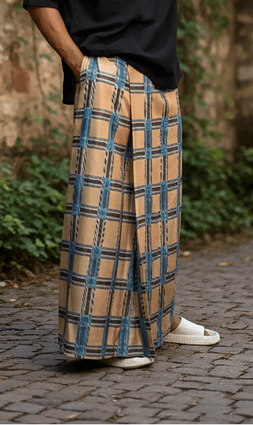 Beige and blue check digital print pajamalungi for men's