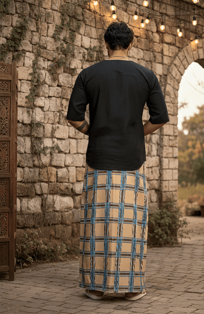 Beige and blue check digital print pajamalungi for men's