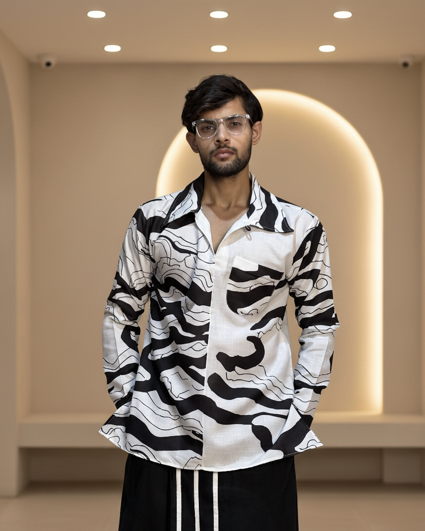 Black and white wave design print kurta for men's