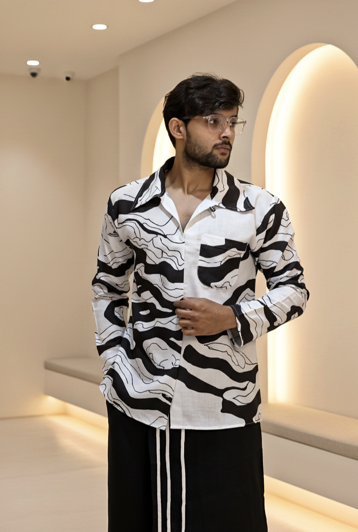 Black and white wave design print kurta for men