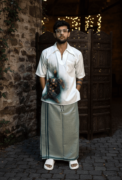 Turtle Print White Half Sleeve Kurta for Men