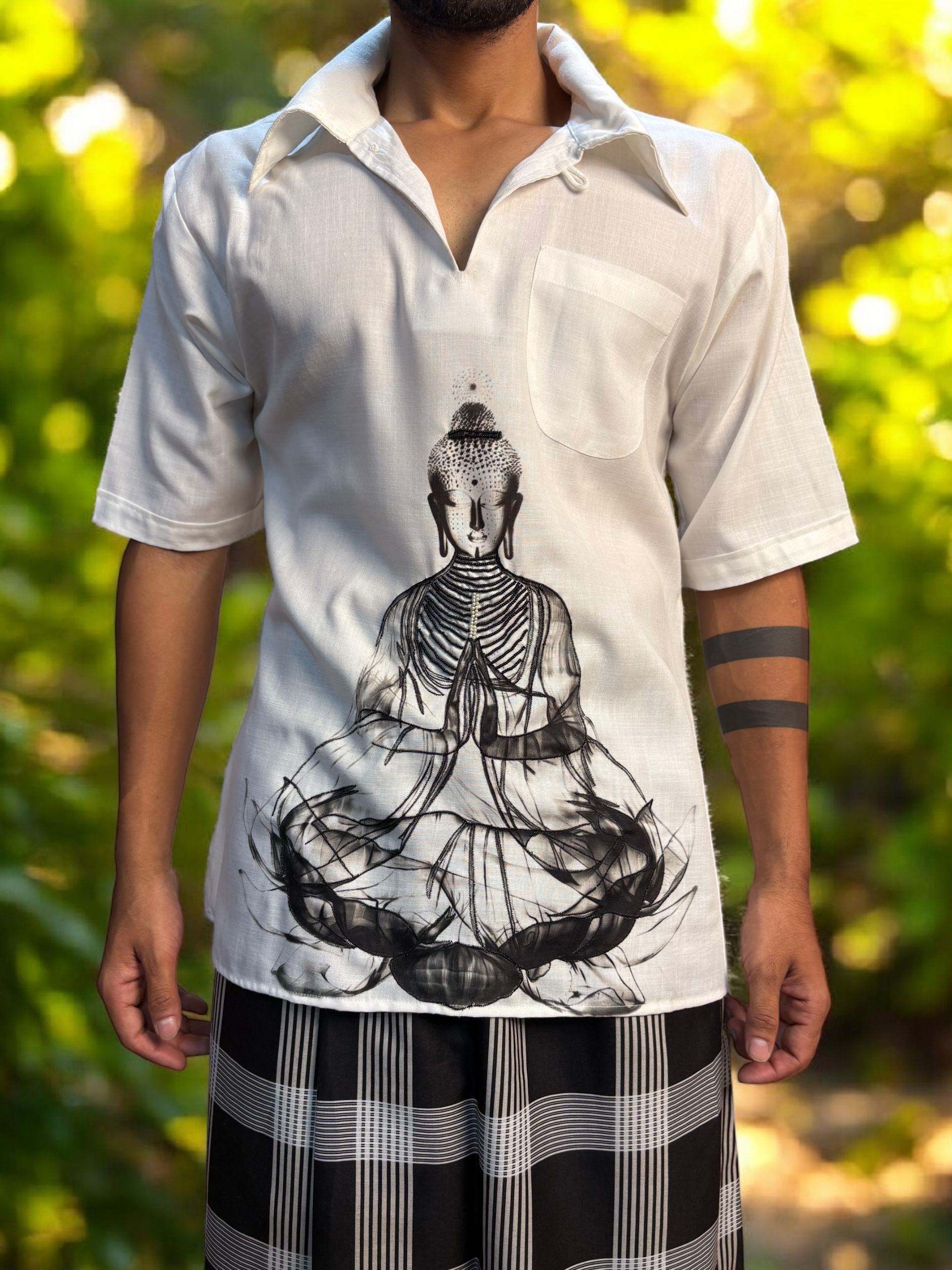 White kurta with budha print for men