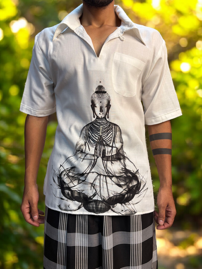 White kurta with budha print for men