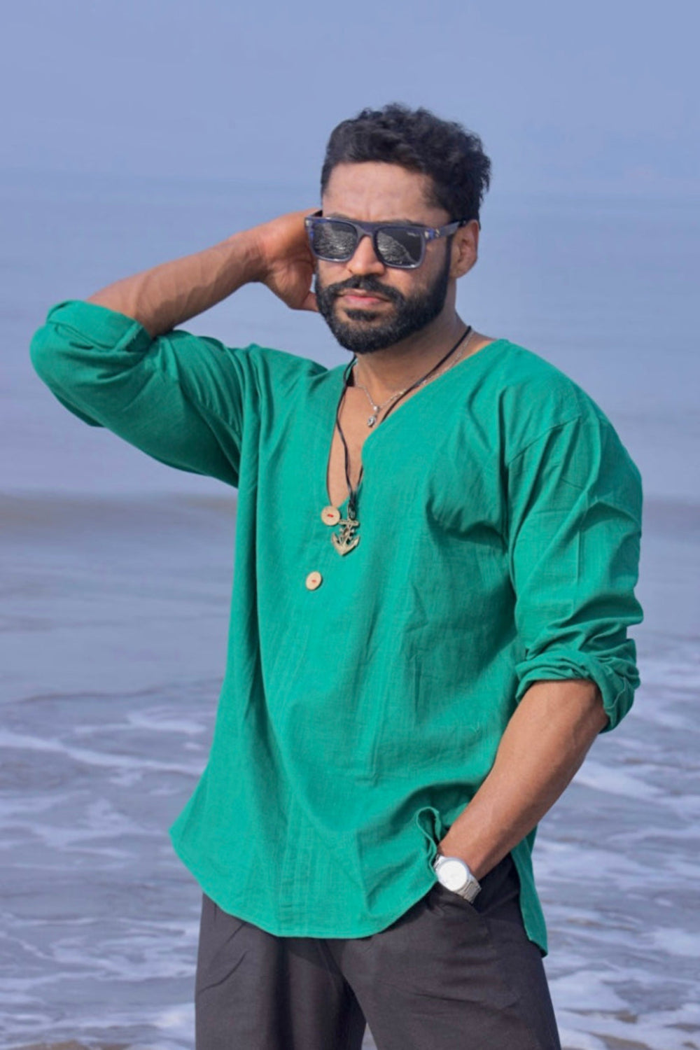 V-Neck Green Cotton Kurta