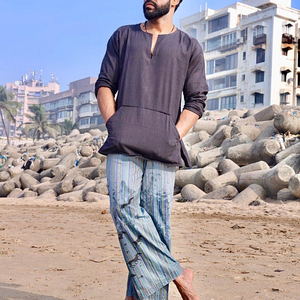 Black cotton kurta & Stripe Pajama Set