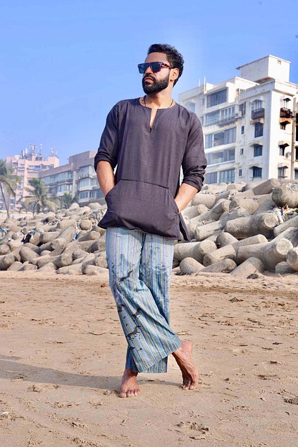 Black cotton kurta & Stripe Pajama Set