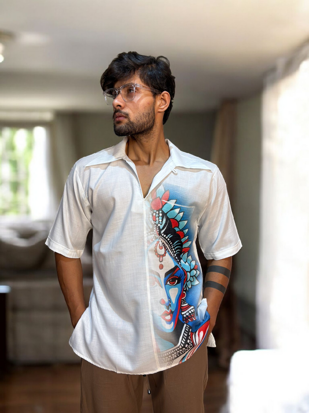Deity graphic white print kurta for men