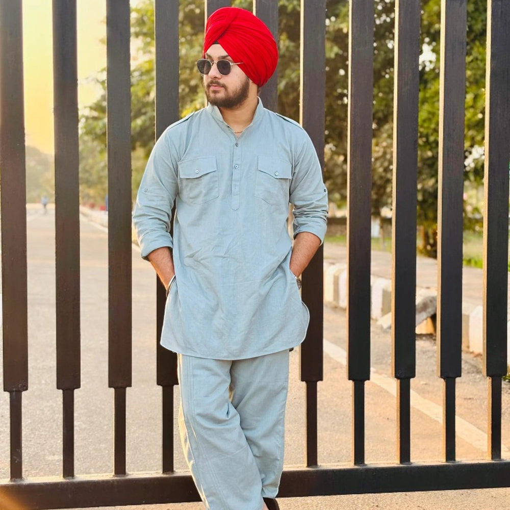 Grey Blue Cotton Pathani Kurta Pajama Set