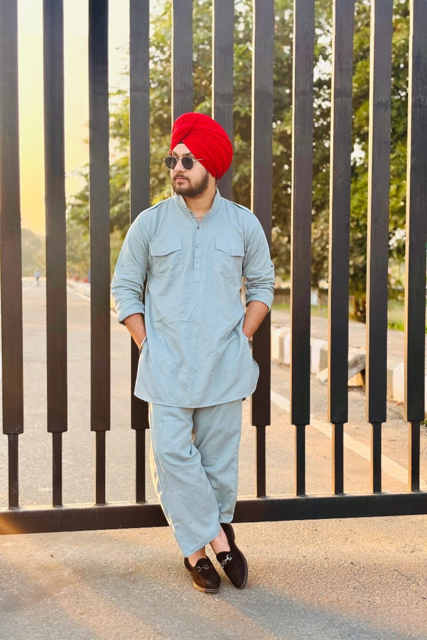 Grey Blue Cotton Pathani Kurta Pajama Set