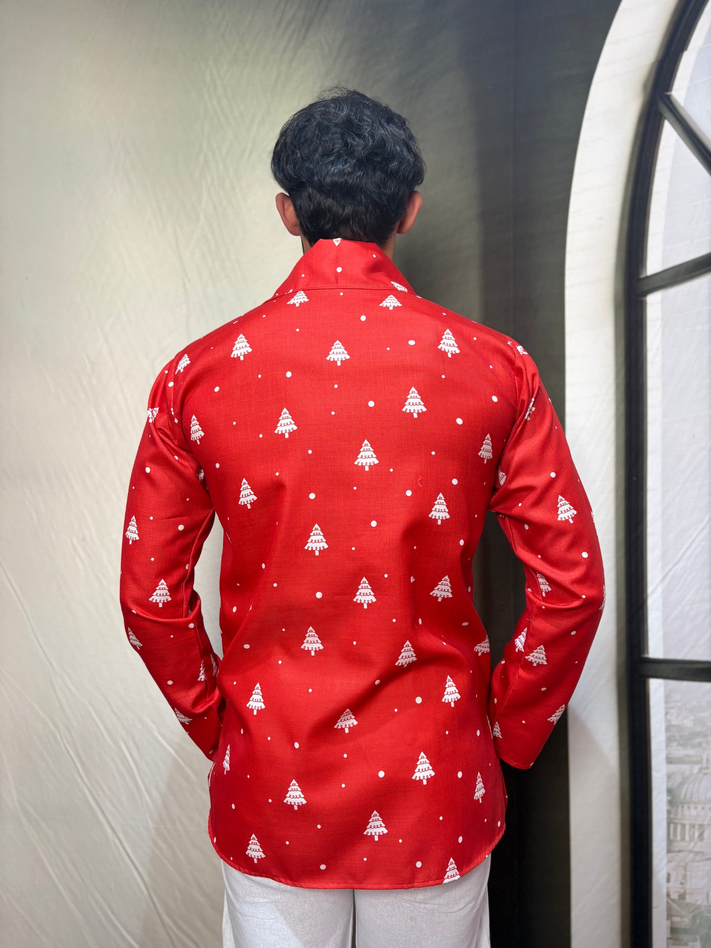 Men Red Christmas-Tree Pattern Kurta