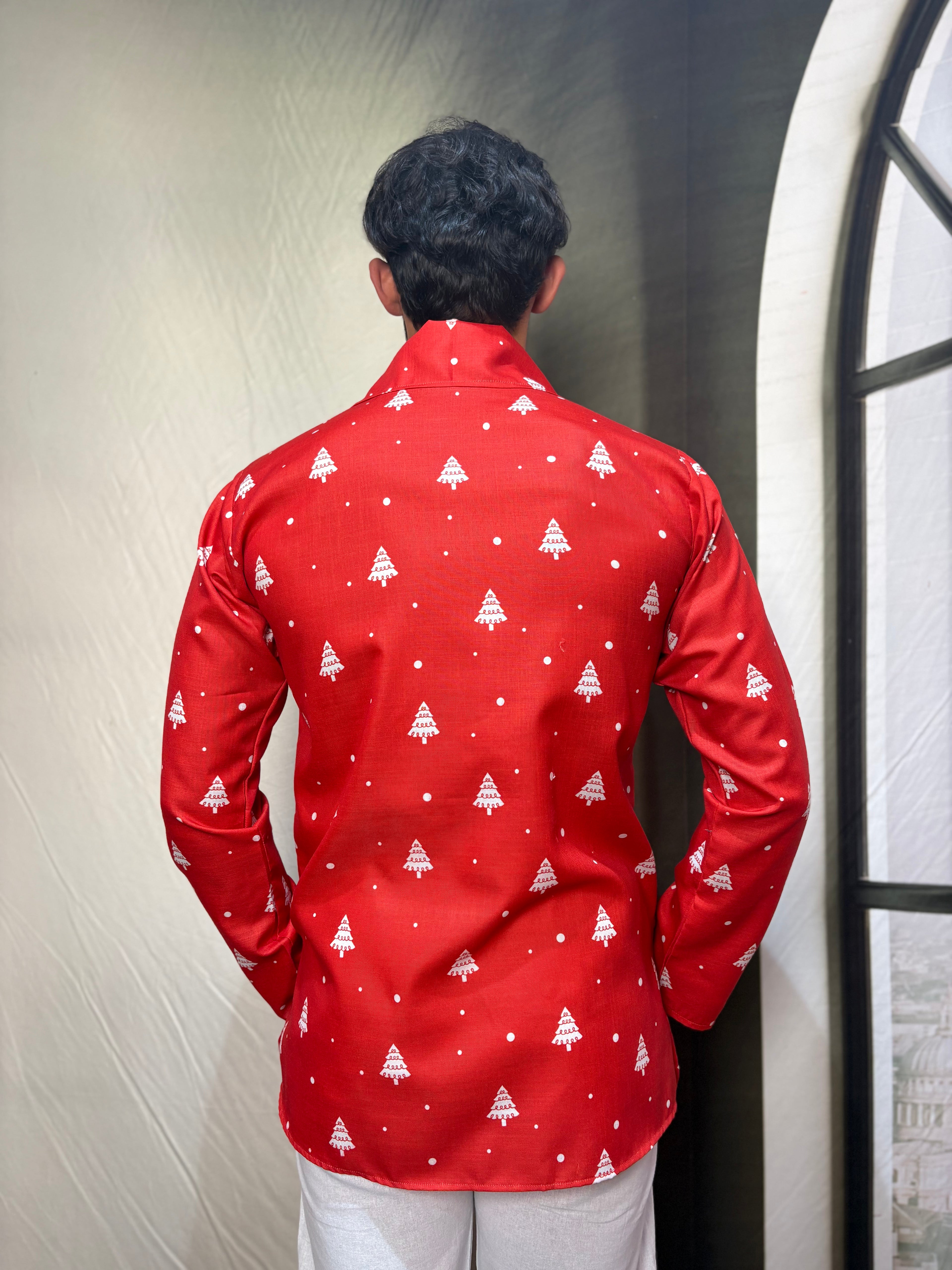 Men Red Christmas-Tree Pattern Kurta