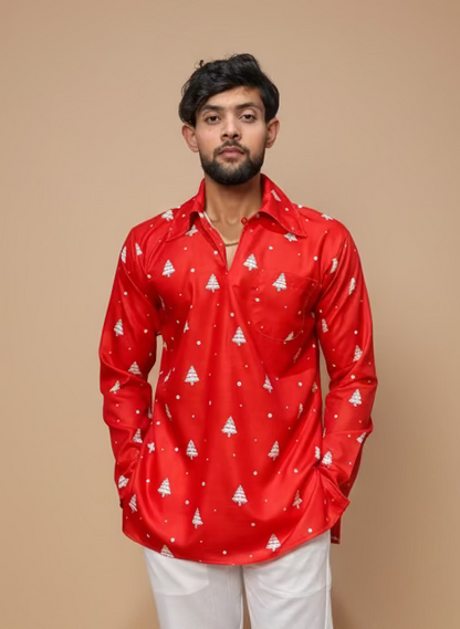 Men Red Christmas-Tree Pattern Kurta