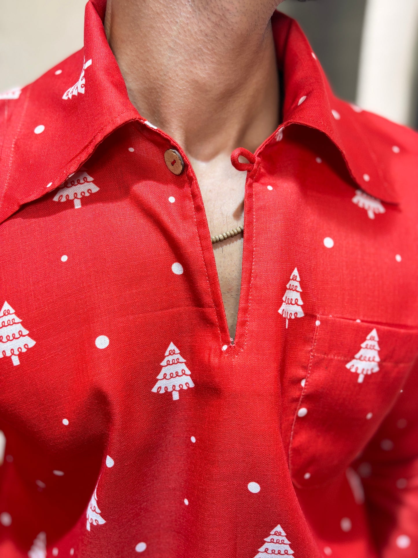 Men Red Christmas-Tree Pattern Kurta